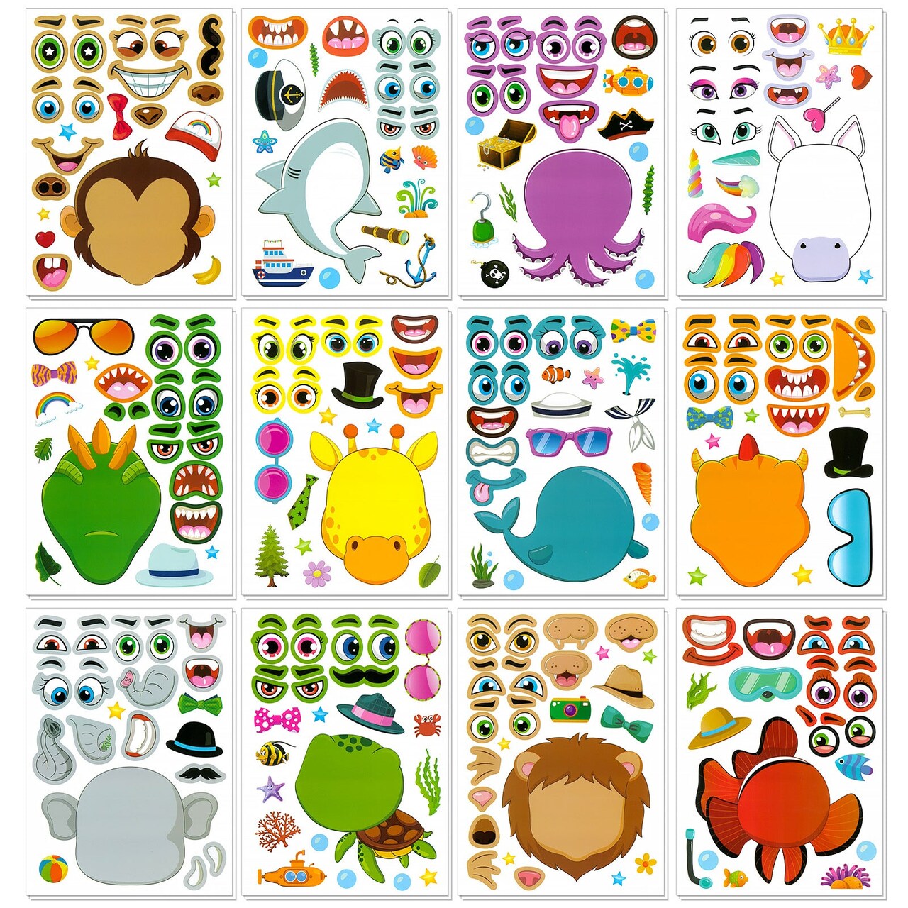 Wrapables Make a Face Stickers, Make Your Own Animal, Food, Dress-Up Stickers, DIY Craft Activities, Party Favors (24 Sheets), Magnificent Animals